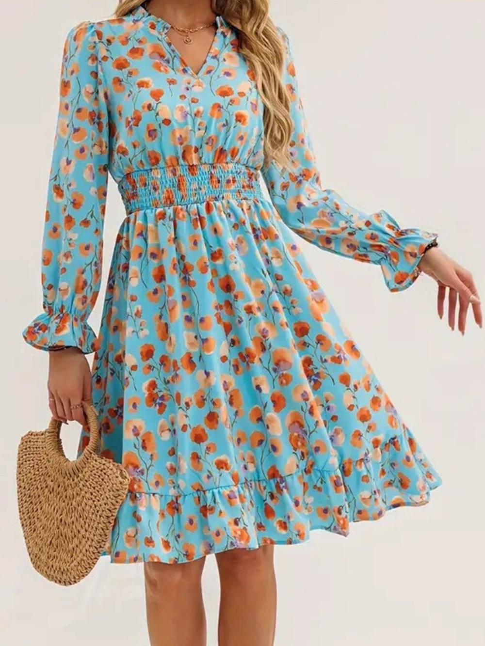 Sky Blue Floral Smocked Waist Long Sleeve Dress
